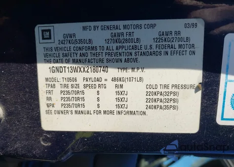 1999 Chevrolet Blazer from USA, damaged, VIN 1GNDT13WXX2180740